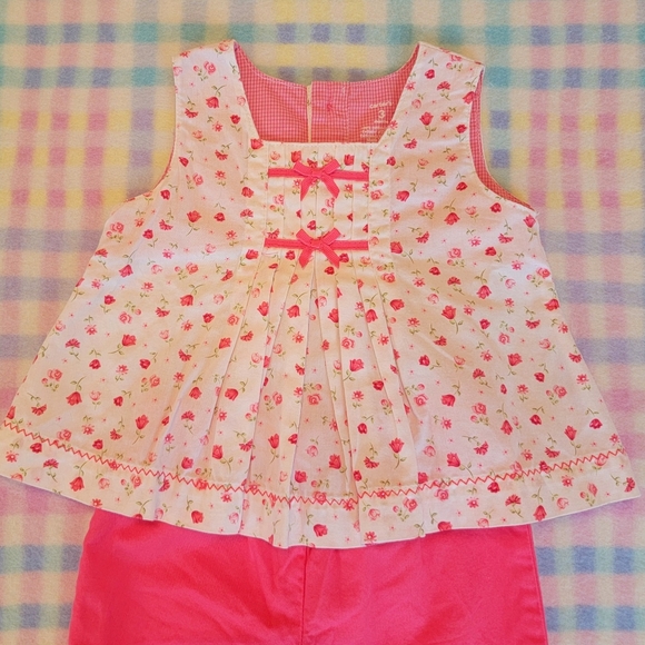 CARTER'S ♡ 2pc Coral 'n White Mini Floral|Bow Top 'n Embroidered Pants Outfit 3M - Picture 7 of 15